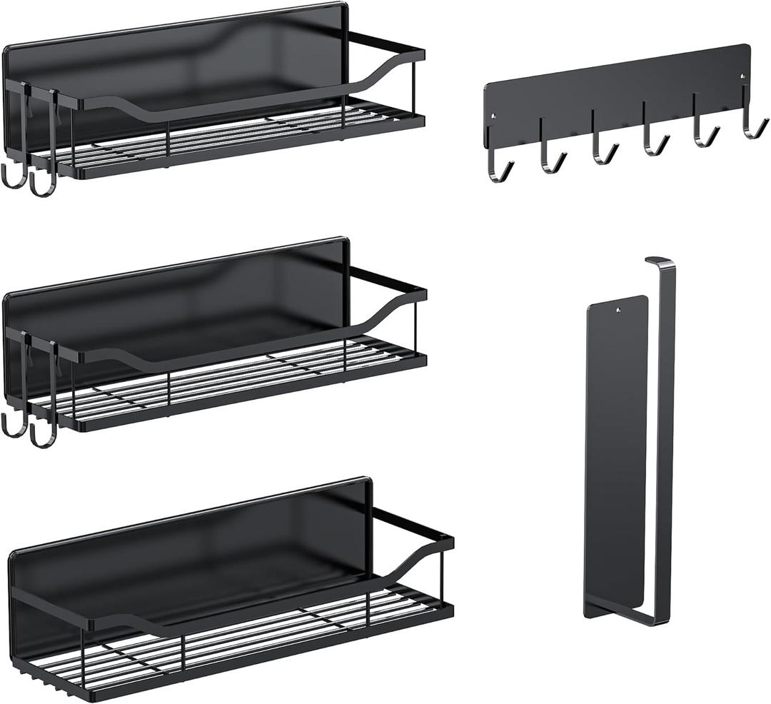 Magnetic Spice Rack, Multifunctional Magnetic Shelf for Washing Machine, Refrigerator, Microwave, and Any Metal Surface, Powerful Magnetic Shelves Include Magnetic Paper Towel Holder (5 pcs - Black)