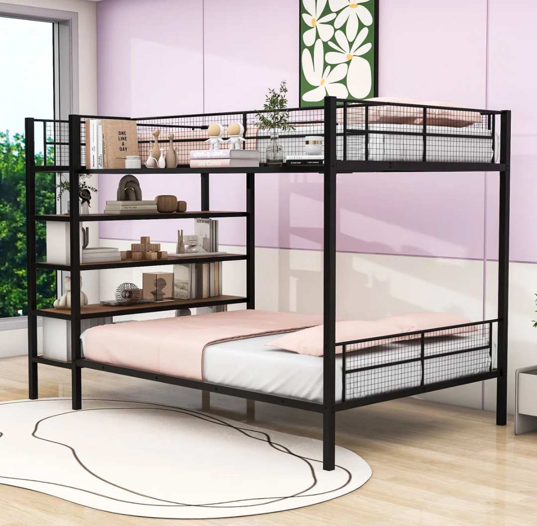 Twin Over Full Metal Bunk Bed With Shelves