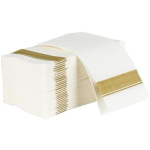 Rectangle Cloth-Like White Napkins with Gold Border, 12 Pack Fancy Paper Napkins, 22" x 22" Disposable Dinner Napkins - Decorative Party Napkins for Weddings, Dinners, Upscale Parties & Events