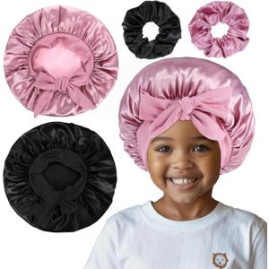 2 Pcs Bonnet for Kids, Satin Bonnets with Scrunchies, Black and Rose Red Satin Silk Hair Bonnet for Sleeping Soft Wide Band Sleep Cap for Curly Hair Braids for Kids