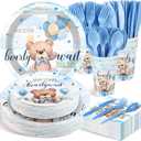 Sliner 175 Pcs Blue Bear Baby Shower Decorations Boy Tableware Set Serves 25 Guests, Baby Shower Party Supplies Includes Plates Napkin Cups Forks Knives Spoons, Disposable Bear Theme Dinnerware Set