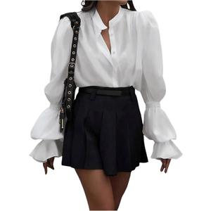 SweatyRocks Women's Puff Sleeve Button Down Shirt Vintage Loose Fit Blouse Dressy Casual Tops (White) S