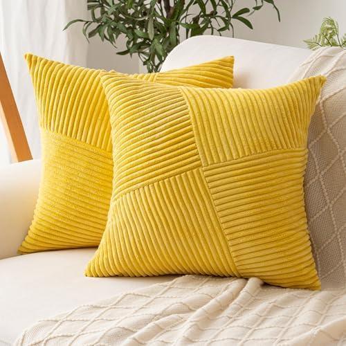 ZSkogur Decorative Throw Pillow Covers 18x18 Inch Set of 2 for Boho Living Room Farmhouse Home Decor, Spring Pillow Covers for Couch Bed, Soft Corduroy Striped Patchwork Cushion Cases, Yellow