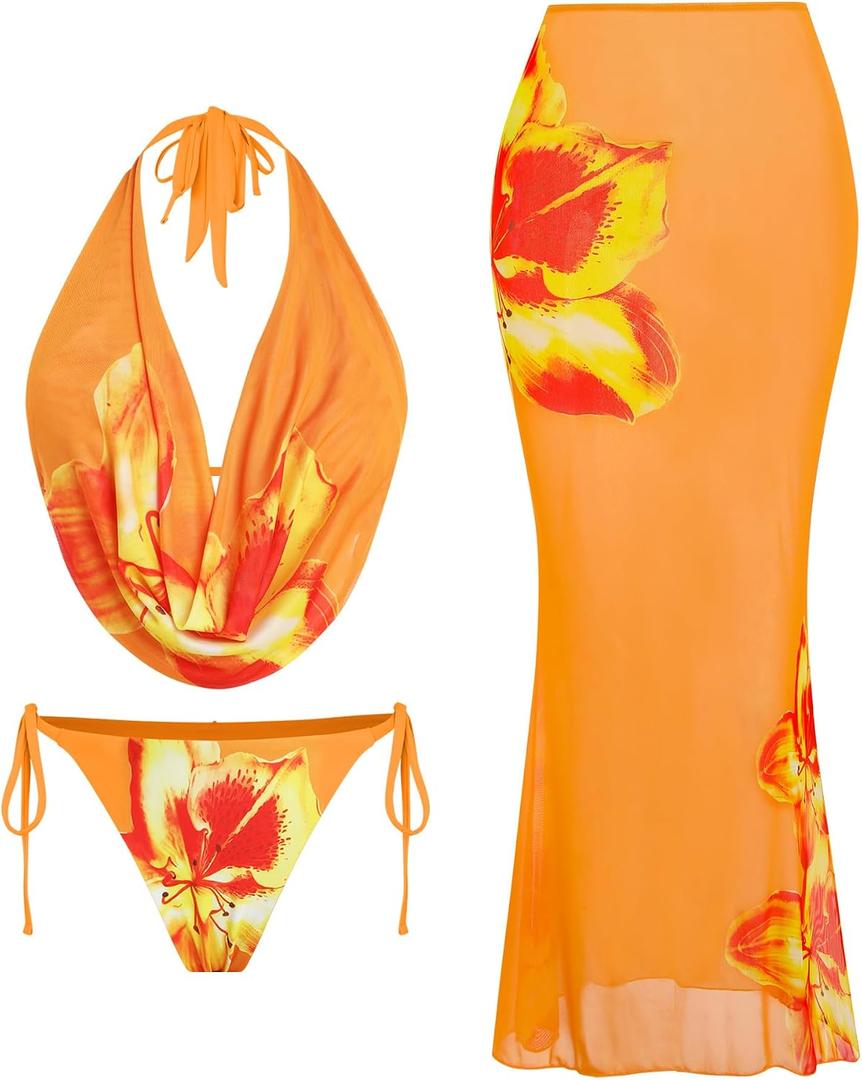 ZAFUL Women's 3 Piece Floral Swimsuit Draped Neck Halter Bikini Tie Side Bathing Suit with Sheer Cover Up Skirt (Orange, L)