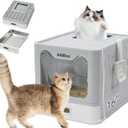 AiQInu Stainless Steel Cat Litter Box with Lid and Scoop - Up to 20 Lbs, Foldable Large Enclosed Metal Litter Box with High Sided Enclosure for Big Cats - Anti-Leakage No Smell, Easy Cleaning