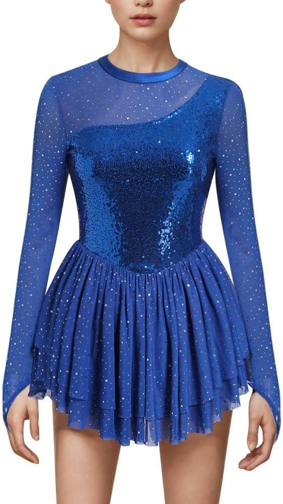 AFAVOM Sequin Figure Skating Dress for Women Long Sleeve Shiny Mesh Rhinestone Ice Skating Dress Ballet Lyrical Dancewear (Large, Royal Blue)