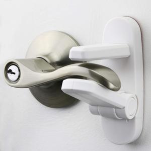 Door Lever Lock (3 Pack) Prevents Toddlers from Opening Doors. 3.25" L * 1.5" W * 4.5" H Easy One Hand Operation for Adults. Durable ABS with 3M Adhesive Backing. Simple Install, No Tools Needed.