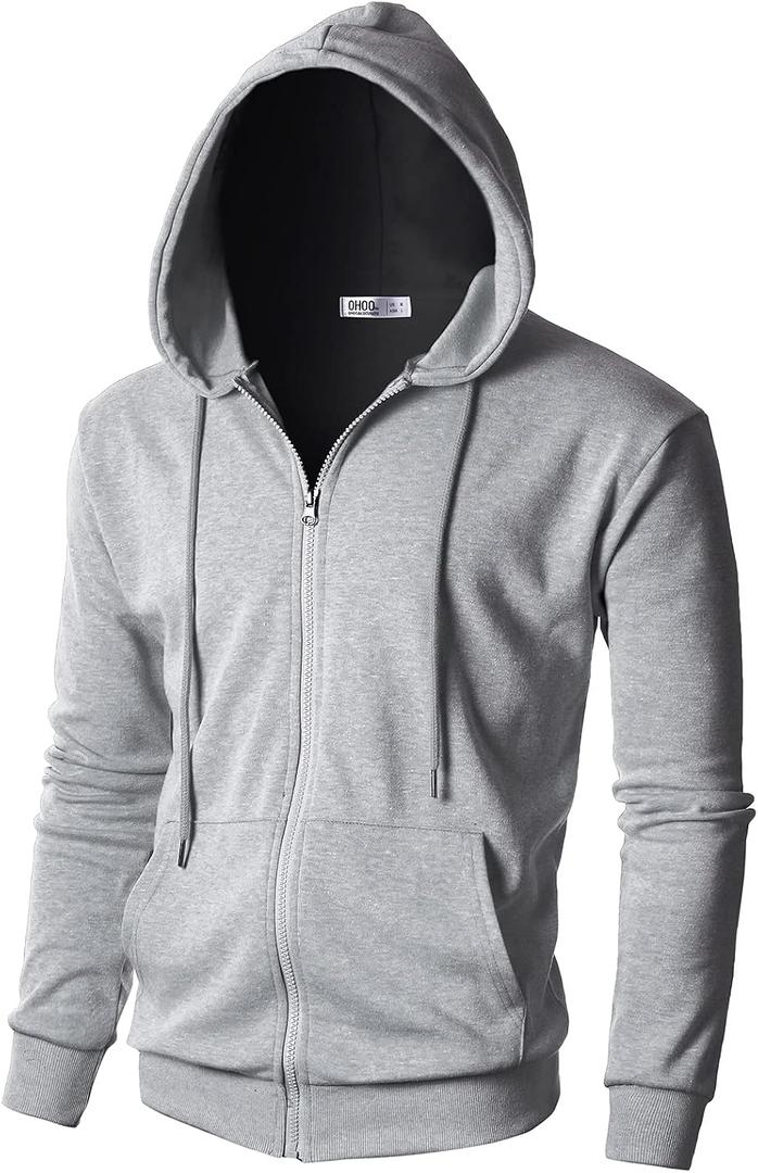 Ohoo Men's Zip Up Hoodie Lightweight Slim Fit Sweatshirt Full Zip Solid Color Hooded Jacket / DCF102-GREY-MT