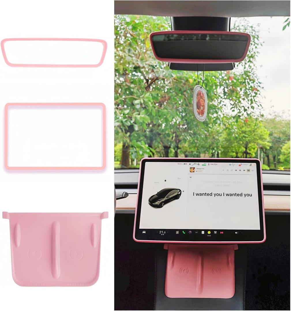 Tesla Model 3 Model Y Accessories of Screen Protector Frame + Center Console Wireless Charging Silicone Pad + Interior Rear View Mirror Cover 3pcs 3in1 (Pink)
