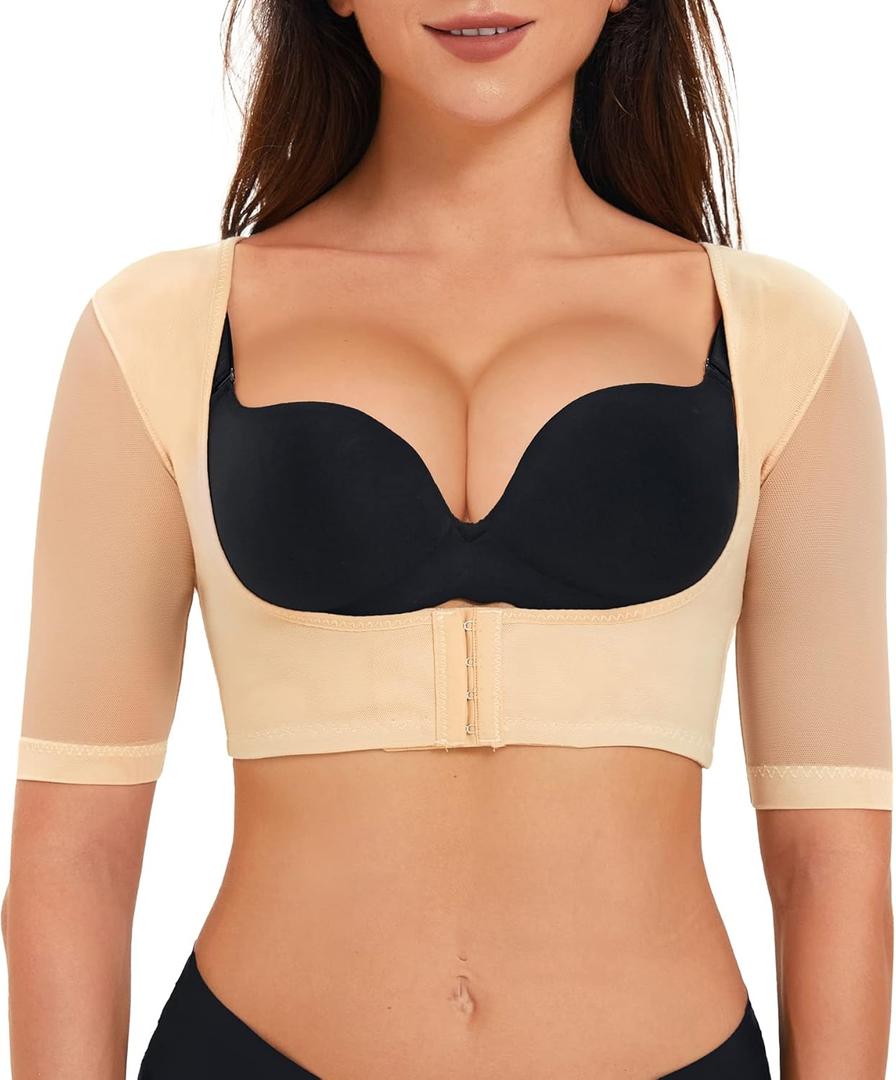 LANCS Upper Arm Shaper Post Surgery Arm Compression Sleeves Lipo Garment Posture Corrector Tops Back Support Shapewear (Small, Beige)