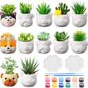 Hushee 6 Sets Ceramic Succulent Planters Paintable Succulent Plant Pots Small DIY Figurines Unpainted Pots with Drainage Hole Color Paints Paintbrushes Palettes(Dog)