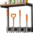 Supforce Broom Holder Wall Mount with Top Wooden Shelf, Heavy Duty Metal Cleaning Supplies Broom Hanger with 4 Slots & 3 Hooks for Laundry Garage Tool Storage Kitchen (Small)
