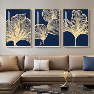 Framed Modern Luxury Wall Art for Living Room, Large Navy Blue and Gold Ginkgo Leaf Artwork for Walls, 3 Piece Contemporary Bright Style Floral Prints for Bedroom Office Hallway Wall Decor, 24x36 Inch