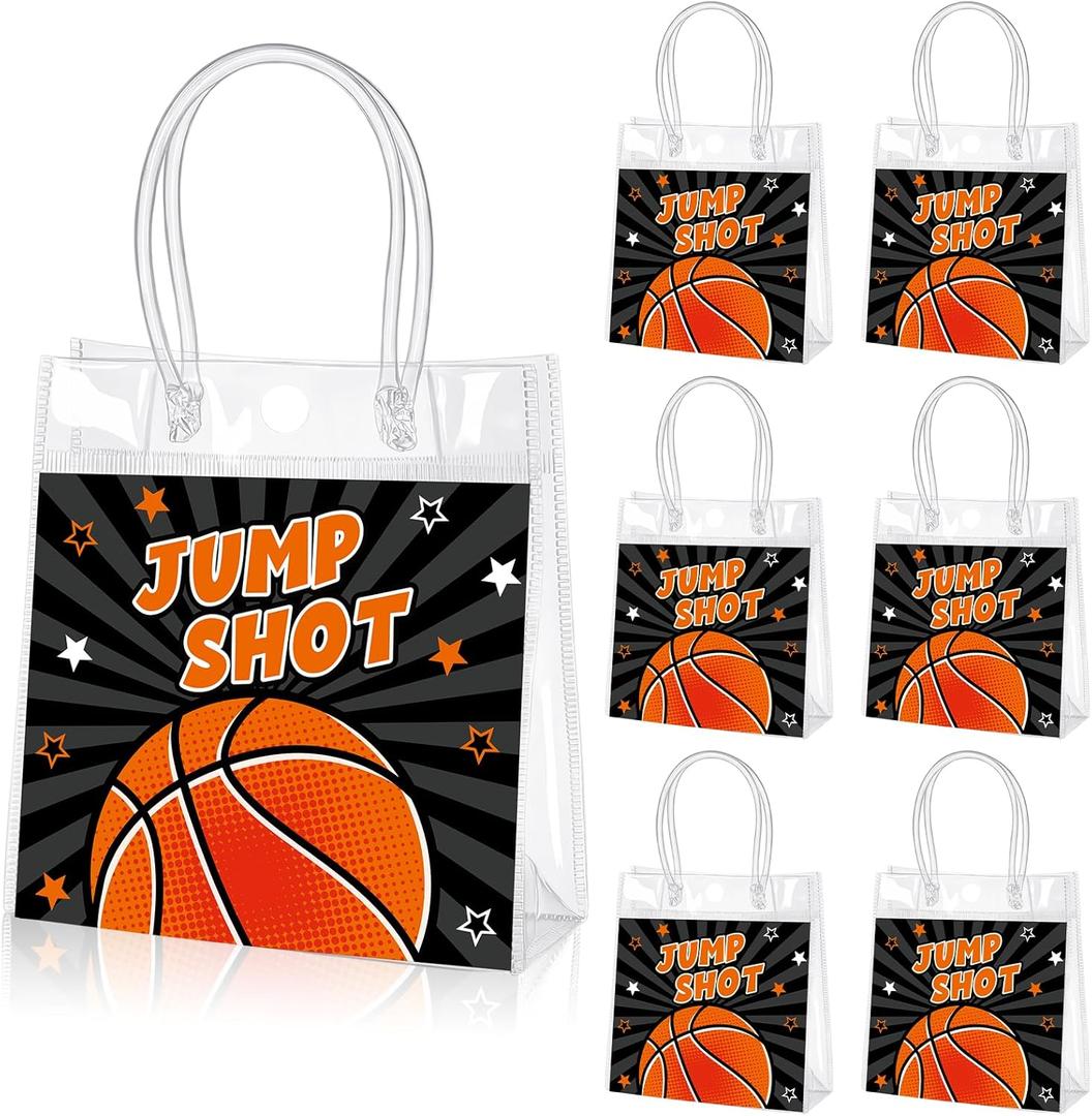 24 Pcs Basketball Clear Goodie Bag with Handles PVC Sport Theme Candy Treat Bags Bulk for Sports Team Gifts Birthday Party Favors, 8 x 8 x 3.15 Inches