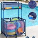 Pool Storage Bin Cart with Noodle Holder, Rolling Pool Storage Organizer Top Shelf Nylon Mesh Basket for Goggles, Floats, Balls and Floats Equipment