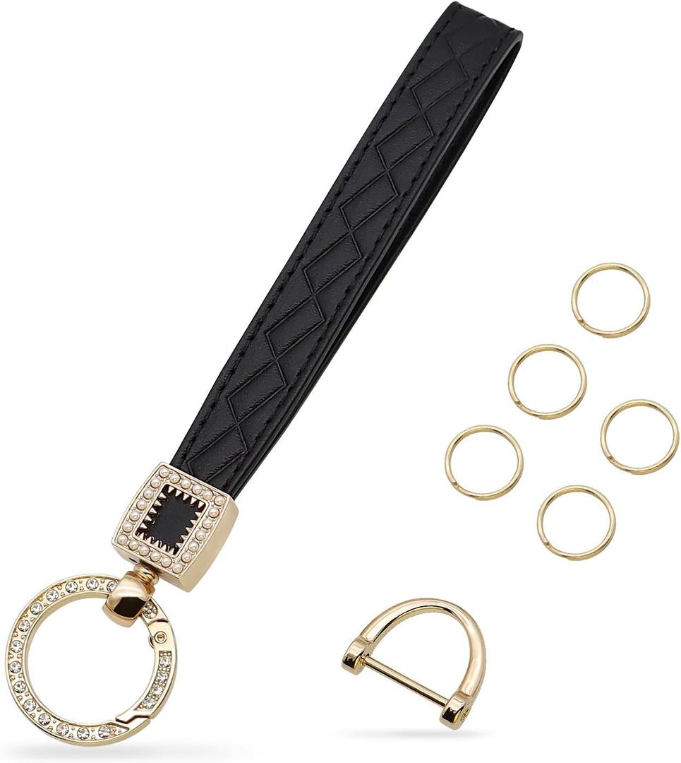Car Keychain for Women Wristlet, Cute Leather Keychain with 360 Degree Rotatable, Anti-lost D-Ring Design (Black)