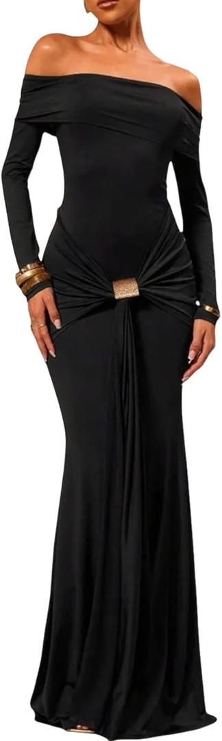 Women's Grace Maxi Dress Off Shoulder Long Sleeve Bodycon Elegant Solid Formal Gown for Wedding Guest (Black, Small)