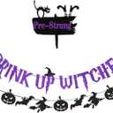 2 x Pre-Strung Drink Up Witches Banner, Glitter Happy Halloween Banner Decorations with Pumpkin Bat Witch Sign for Halloween Party Home Office School Indoor Wall Mantel Hanging Backdrop Garland Decor