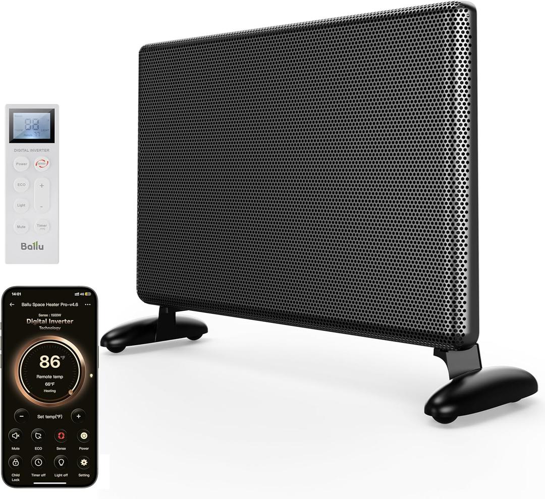 Ballu Mica Infrared Panel Space Heater for Large Room, Smart Quiet Heater with Programmable Thermostat, WiFi App Control, Inverter Energy Efficient for Indoor Use, Compatible with Alexa, Black