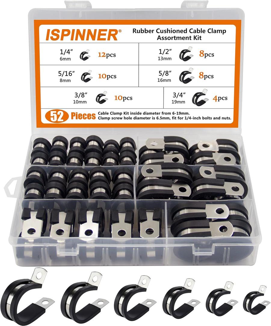 ISPINNER 52pcs Cable Clamps Assortment Kit, 304 Stainless Steel Rubber Cushion Pipe Clamps in 6 Sizes 1/4" 5/16" 3/8" 1/2" 5/8" 3/4" (Black)