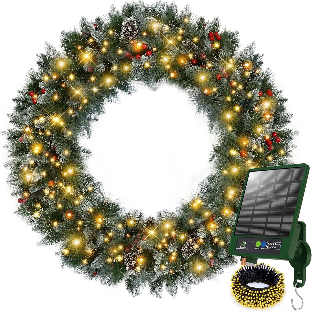 Solar Wreath 60 inch, Outdoor Christmas Wreaths Large with 350 LEDs & 8 Lighting Modes, Lighted Holiday Decorations for Outside