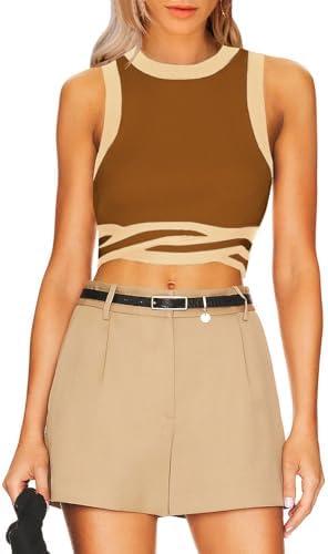 MIHOLL Womens Summer Sleeveless Tank Tops Racerback Slim Fit Casual Shirts Ribbed Color Block Crop Tops, Size: M
