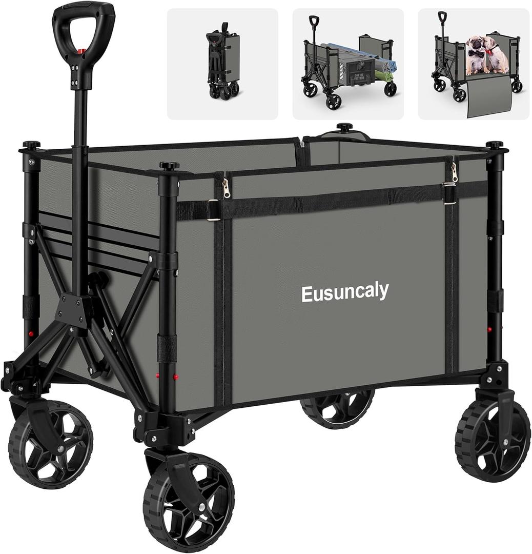 Collapsible Wagon with Wheels, Wagons Carts Foldable, Heavy Duty Folding Utility Cart for Grocery, Camping, Shopping, Sports, Garden, Fishing, Grey (Gray)