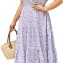 Keluummi Plus Size Maxi Dress for Women V-Neck Floral Empire Waist 3/4 Sleeve with Pockets