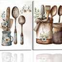 2 pcs Vintage Country Kitchen Wall Art Kitchenware Still Life Painting Decor Rustic Farmhouse with Cutlery and Jars Illustration Decors Painting for Kitchen Dining Room Living Room 12x16Inch Framed