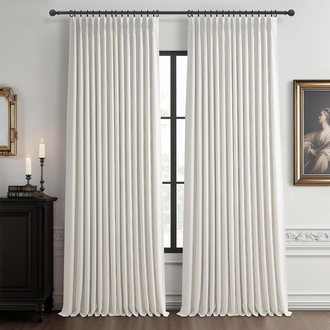 Pleated Drapes Beige White Dual Layer Blackout 102 Inch Length Curtain Panels 2 for Sliding Glass Door, Luxury Pinch Pleated Flax Linen Ceiling Track Curtain Thermal Room Darkening Ivory Window Drapes