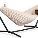PNAEUT Double Hammocks with Stand for Outside, Portable Space Saving Heavy-Duty Steel Stand for Indoor Outdoor Patio with Carrying Bag, 450 lbs Capacity (Beige)