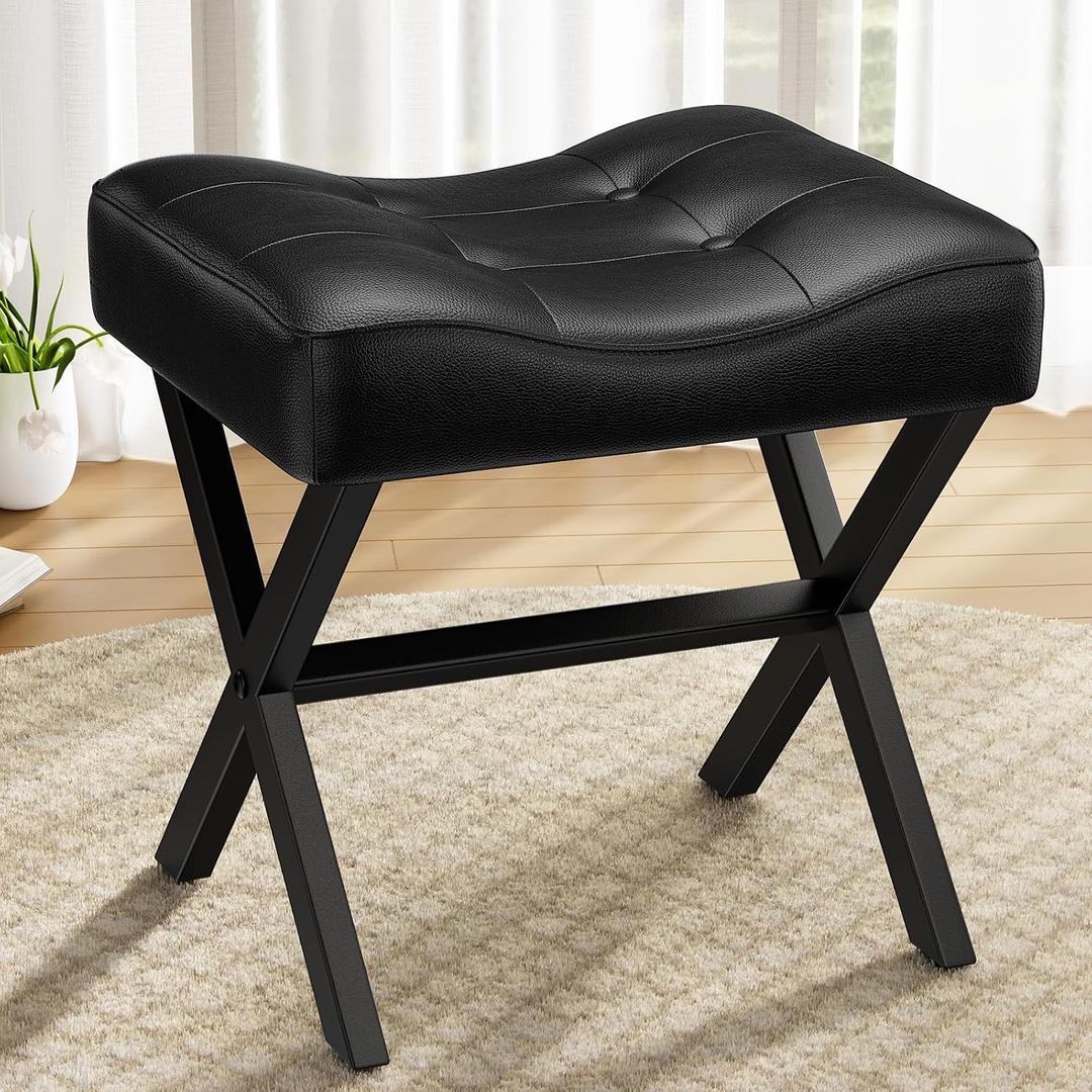 18-Inch Large Leather Vanity Stool Chair, Black Makeup Stool