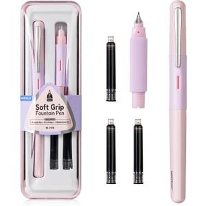 WRITECH Fountain Pen Soft Grip: Fine Nib Black Ink Pen with 3 Ink Cartridges and 1 Replacement Nib Set Smooth Writing for Journaling Calligraphy Gift (Pink)