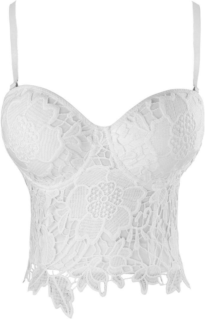 Charmian Women's Punk Goth Floral Lace Bustier Corset Party Bralet Crop Top (Medium, White)