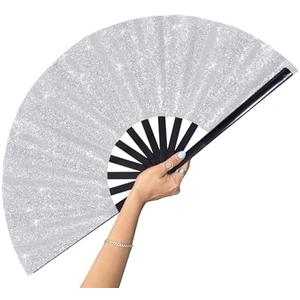 GeGeYa Large Folding Fan-Hand Fan Popping Fan for Line Dancing Clacking Fans for Boots On The Ground Dance, Party,Outdoor,Decoration (Silver Glitter, Green) set of 2