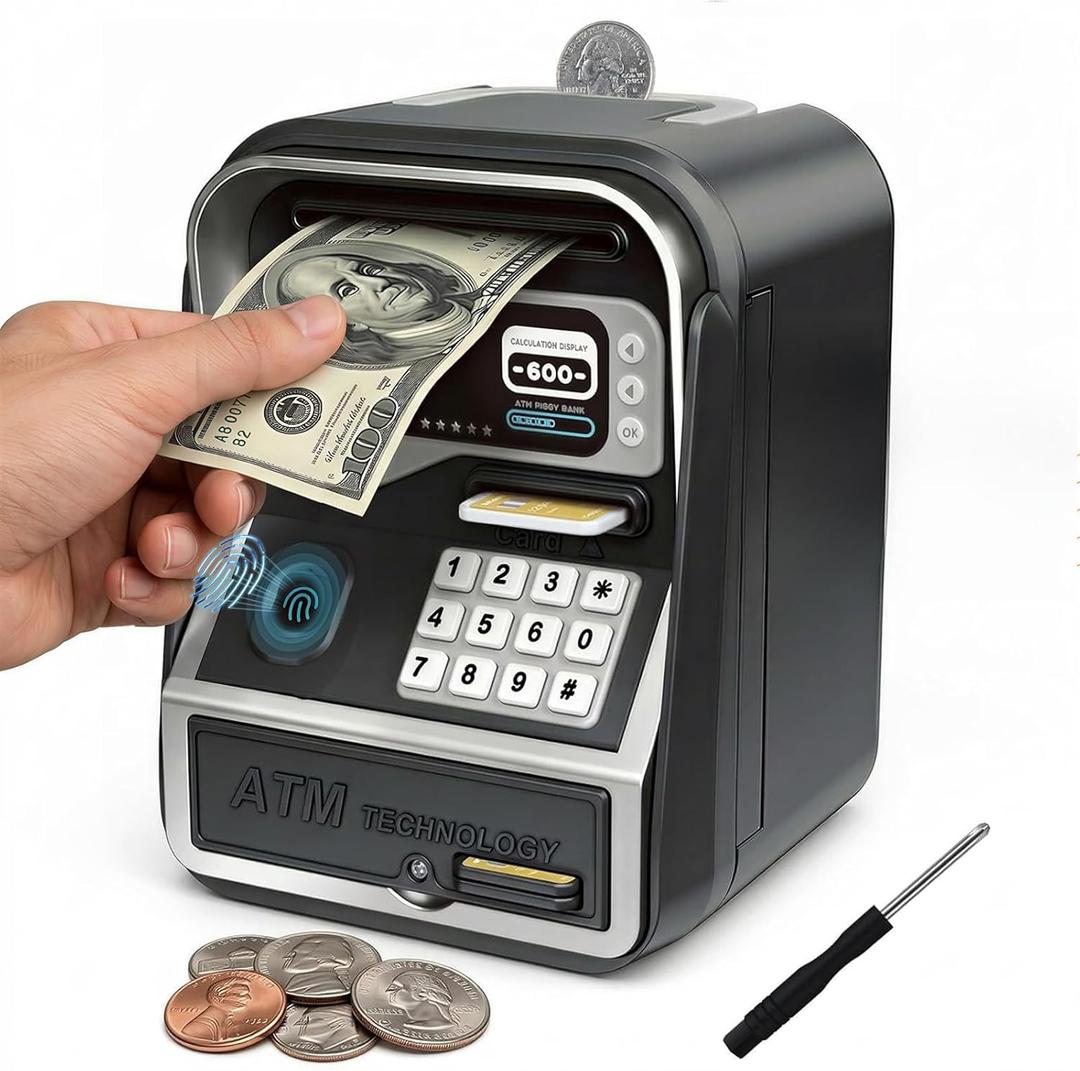 Piggy Bank for Kids Electronic ATM with Password Fingerprint Unlock for Real Money, Children Cash Coin Bank Birthday Gifts for 3 4 5 6 7 8 9 10 11 12 Year Old Boy Girl(Black/Silver)