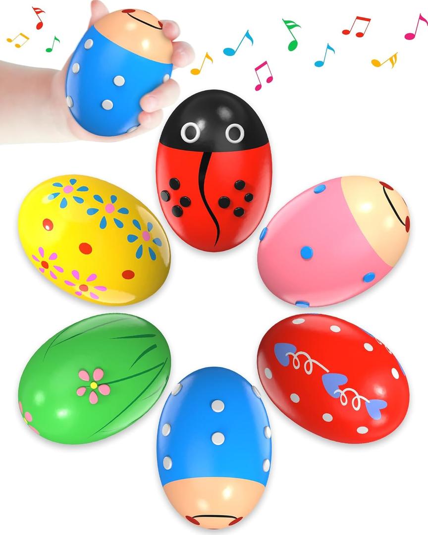 6 Pack Wooden Percussion Musical Shaker Prefilled Easter Eggs with Toys Inside Filled, Toddlers Easter Basket Stuffers Egg Fillers Montessori Toys Gifts for Kids Boys Girls Babies