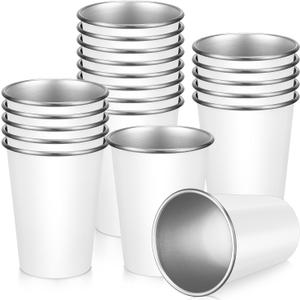 Ziliny 16 Pack 12 oz Stainless Steel Pint Cups Unbreakable Metal Drinking Water Glasses Stackable for Home Travel Picnic Camping Wedding Parties Outdoors Activities(White)