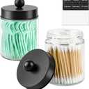 2 Pack Glass Apothecary Jars with Lids for Bathroom, Cute Qtip Holder, Black Bathroom Accessories Set, Small Bathroom Canisters with Lids for Q-Tips, Cotton Swabs, Black Bathhouses Decor