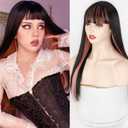 Swiking Black and Pink Long Straight Wig for Women with Bangs Synthetic Hair Heat Resistant Fiber Wig Natural Looking Halloween Party Cosplay Wig