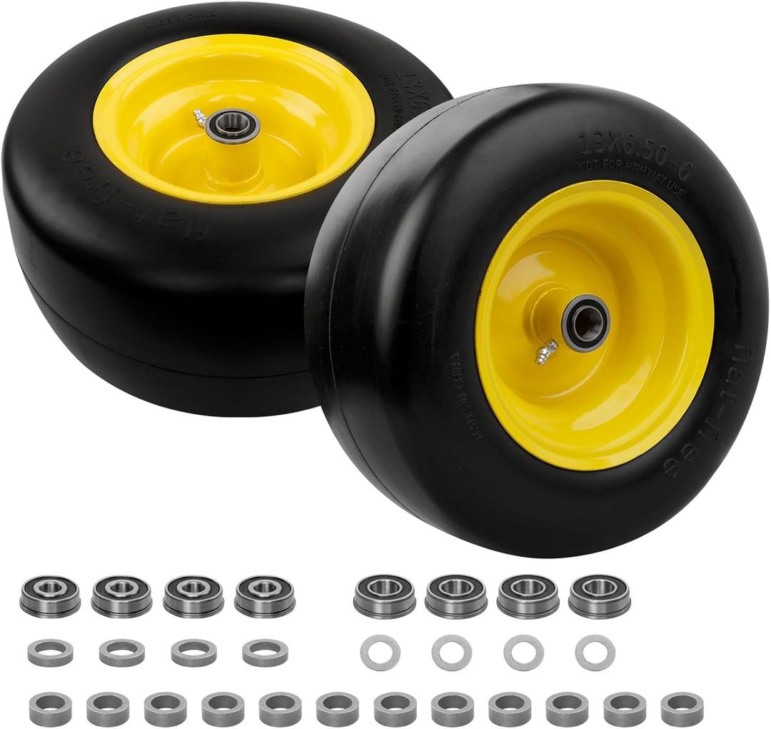 HQPASFY 13x6.50-6 Flat-Free Lawn Mower Tire & Wheel Set of 2, Zero-Turn Mower Front Tires with 1/2" & 5/8" Bearings, Solid Smooth Puncture-Proof Replacement for Lawn Mowers & Zero-Turn Mowers, Yellow