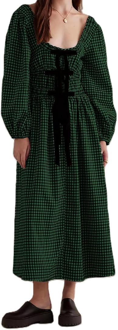 Women Plaid Maxi Dress Long Puff Sleeve Square Neck Flowy Boho Dress Bow Tie Smocked Fall Dresses (Small, Green)