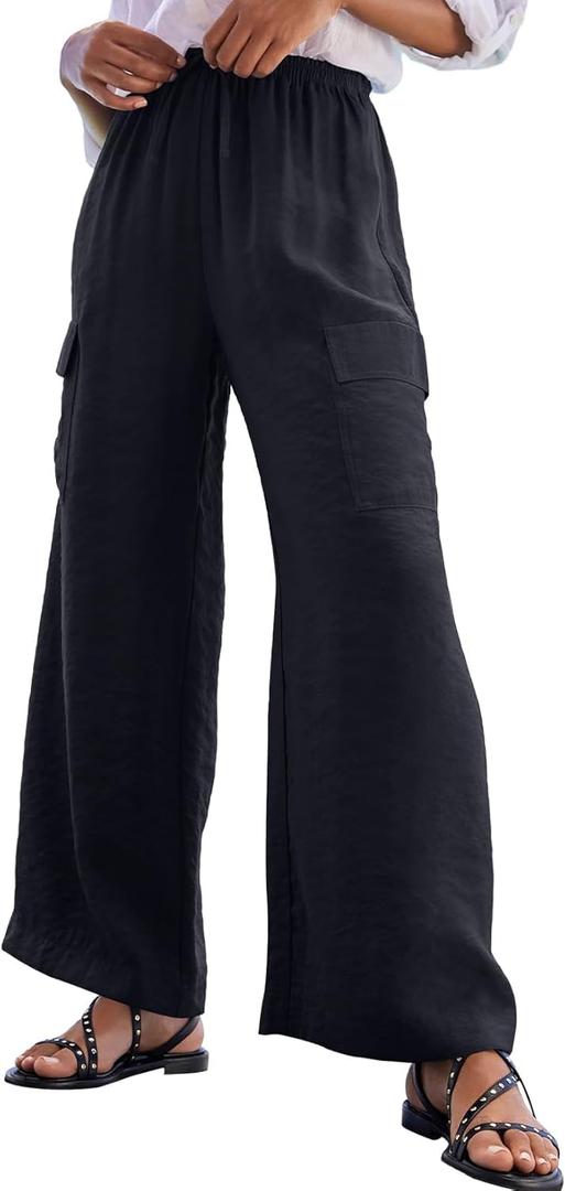 EVALESS Women Palazzo Pants Summer Casual Wide Leg High Waist Lounge Flowy Beach Trousers Travel Vacation Outfits (Large, Black)