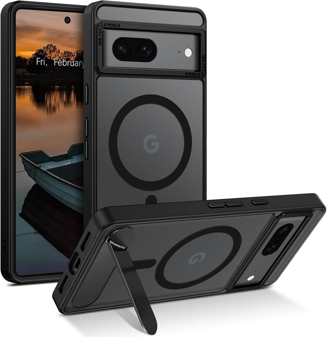 GUAGUA for Google Pixel 7 Case with Stand, Magnetic Cases with Foldable Invisible Stand Translucent Matte Back Slim Protective Shockproof Kickstand Phone Case for Google Pixel 7 6.3", Black