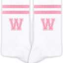 Pink And White-Striped Letter Socks, Sports Socks For Women, Pink Team socks, Friends And Family, Birthday Gift. (White)