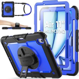 SEYMAC stock Case for iPad Air 11-inch M4-M2 2026-2024 (Gen 8-6), Shockproof Heavy Duty Case with Screen Protector, Pencil Holder, Rotating Stand, Hand Strap, Shoulder Strap, Blue