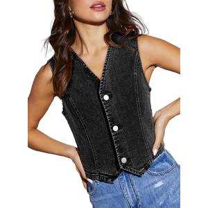 Sidefeel Women's Denim Vest Sleeveless V Neck Zimbaplatinum Jean Vest Top Button Down Crop Waistcoat Vest Summer Outfit, M