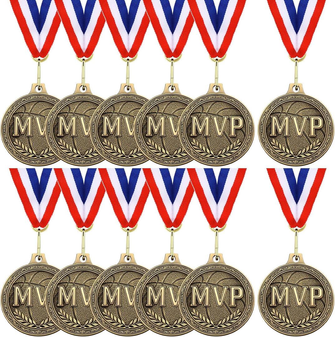 Kenning 12 Pack Basketball Trophy Gold Medals Award for Team 2 Inch Zinc Alloy with Neck Ribbons, MVP Champion Awards Medals for Team Sports and Basketball Competitions Party Favors