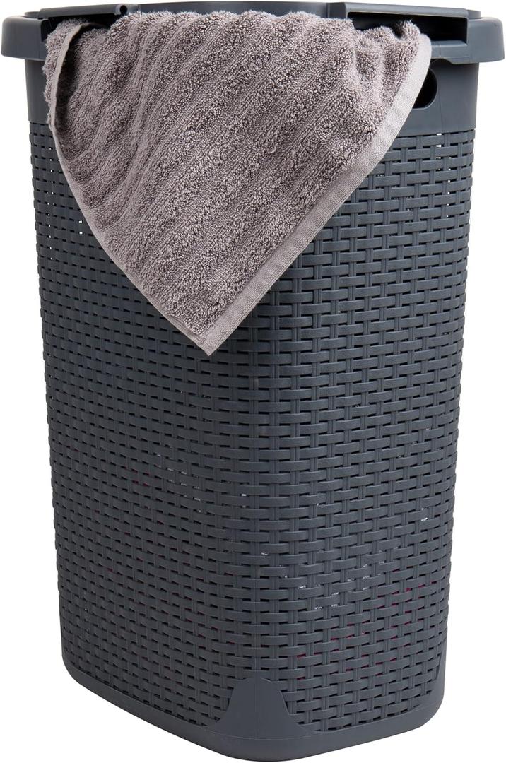 Mind Reader 60L Slim Laundry Hamper, Clothes Basket, Lid, Wicker Design, Plastic, 17.65"L x 13.75"W x 24.15"H, Gray