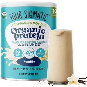 Four Sigmatic Organic Vegan Protein Powder | 18g Plant-Based Protein per Serving | Gluten Free, Dairy Free, Soy Free, Non-GMO with No Filler Ingredients | 21.16oz, 15 Servings | Vanilla (EXP 07/01/26)